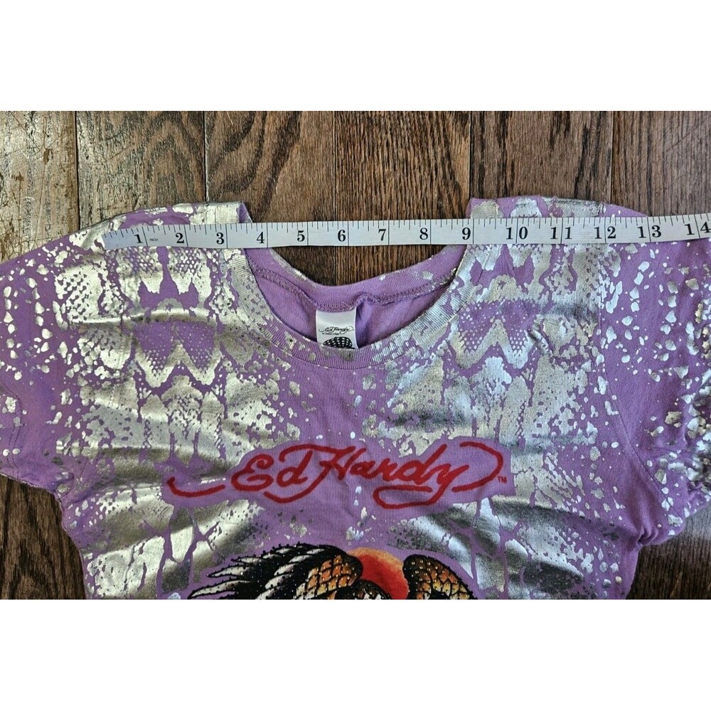 Vtg Y2K Ed Hardy Long T-Shirt Dress Womens S Purple Eagle Skull Snake READ - Picture 6 of 13